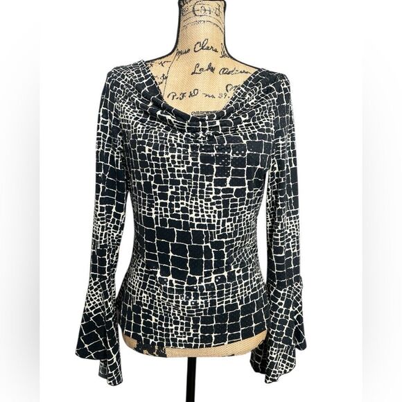 4/$25 Y2K style blouse textured sequins bell sleeves draped neckline witchy - Picture 1 of 9